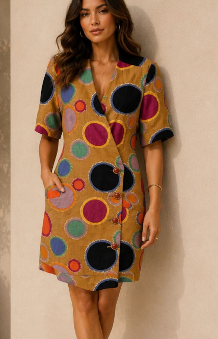 Vintage Teri Jon Colorful Polka Dot Print Linen Shift Dress - Size 6